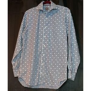 Peter Millar Mens Button Up Long Sleeve Plaid Shirt Check Blue & White Size 15.5
